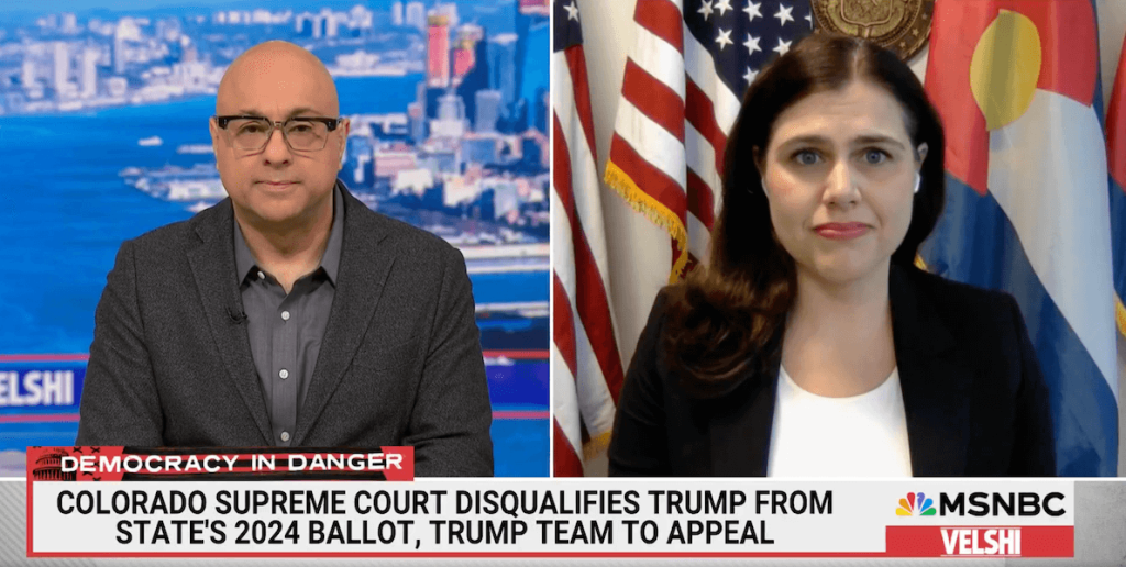 Host Ali Velshi (left) and Colorado Secretary of State Jena Griswold speak in a side-by-side screens interview on MSNBC.