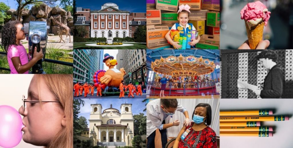 Top row, left to right: Philadelphia Zoo, Pennsylvania Hospital, Girl Scout cookies, ice cream. Middle row: Thanksgiving Day Parade, Dentzel carousel at Please Touch Museum, ENIAC computer. Bottom row: Bubblegum, Overbrook School for the Blind, Covid vaccine, erasers.