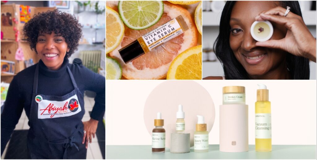 A grid of photos shows: Clockwise, from left: Abiyah Naturals' owner Topia Tessema, a Black woman smiling, wearing a black turtleneck and Abiyah Naturals apron in her shop; Franklin & Whitman Vitamin C Serum, a vial of product on a backdrop of cut citrus fruit; Marquita Robinson Garcia owner of DVINITY Skin Care, a Black woman smiling and holding a salve in front of her left eye, and a line of products from Sabbatical Beauty.