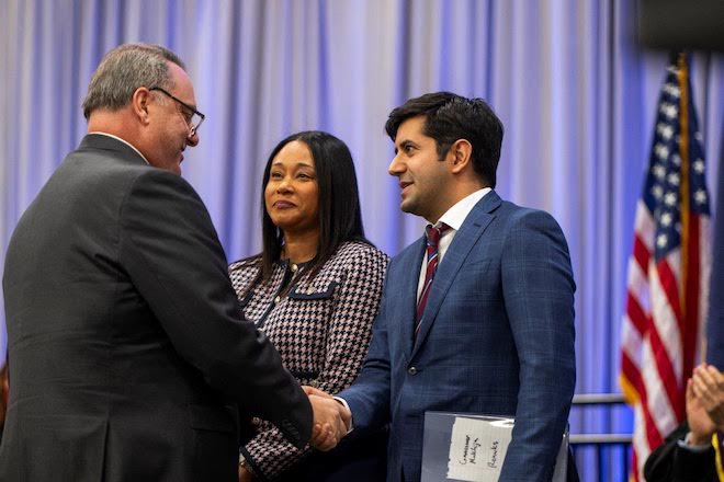 Tom DiBello, left, Jamila Winder, center, and Neil Makhija, right, are the three commissioners of Montgomery County. (Photo by Allie Ippolito for Margo Reed Studio, courtesy of Montgomery County administration)