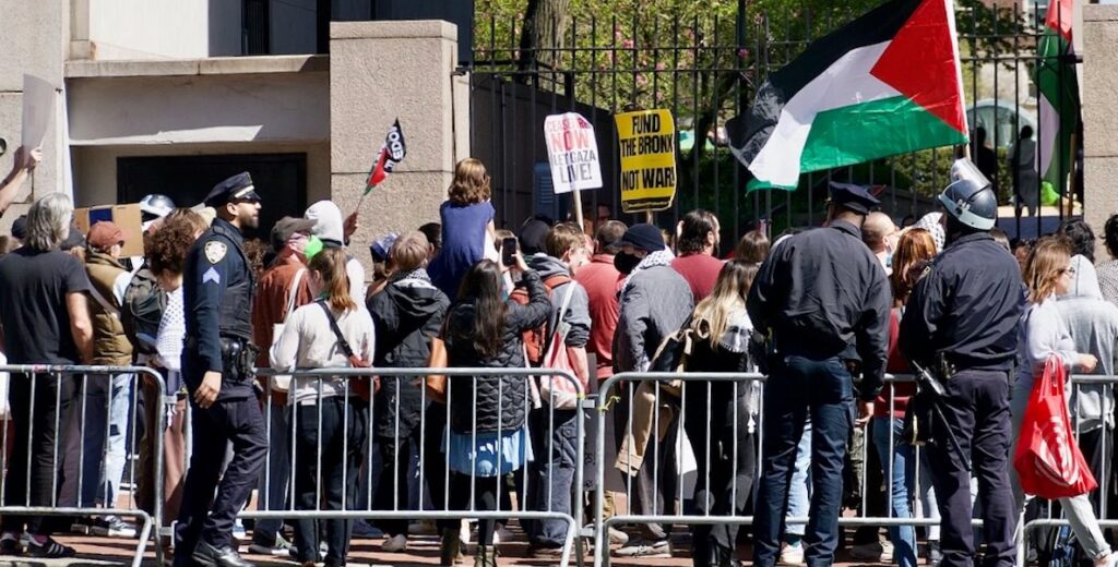 Protestors outside Columbia University in April 2024.