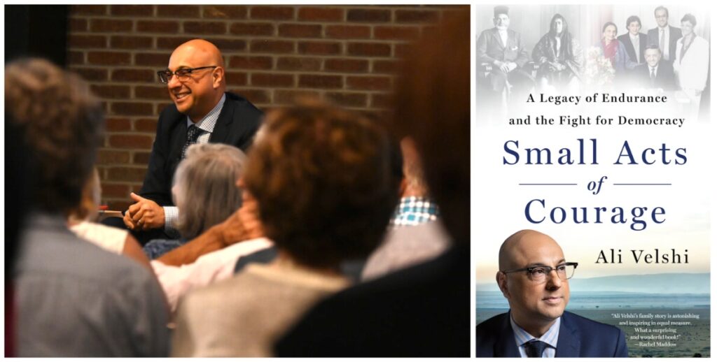 Photo (left) by Sabina Louise Pierce from Ali Velshi event at The Philadelphia Citizen. Photo (right), Velshi's new book, Small Acts of Courage.