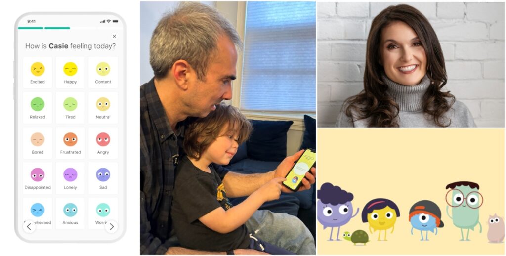 Far left: An image from the HeyKiddo app. Center: Lipkin's husband and son, using the app. Top right: Dr. Nicole Lipkin. Bottom right: Characters from HeyKiddo.