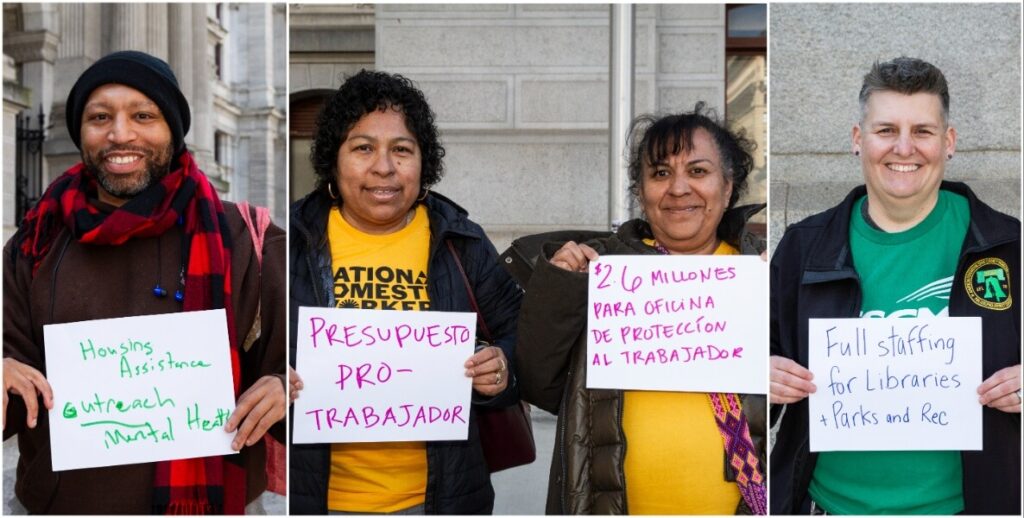 Three photos of four people all holding signs. Left to right: A Black man wearing a black cap and a black-and-red checked scarf holds a sign that says "Housing Assistance, outreach, mental health." Two Latina women in yellow shirts and dark jackets hold signs that say "PRESUPUESTO PRO-TRABAJADOR" and "$26 MILLIONS PARA OFICINA DE PROTECCION AL TRABAJADOR." Another White person with short grey hair, a green t-shirt and open blue jacket with a sign saying "Full staffing for Libraries & Parks and Rec."