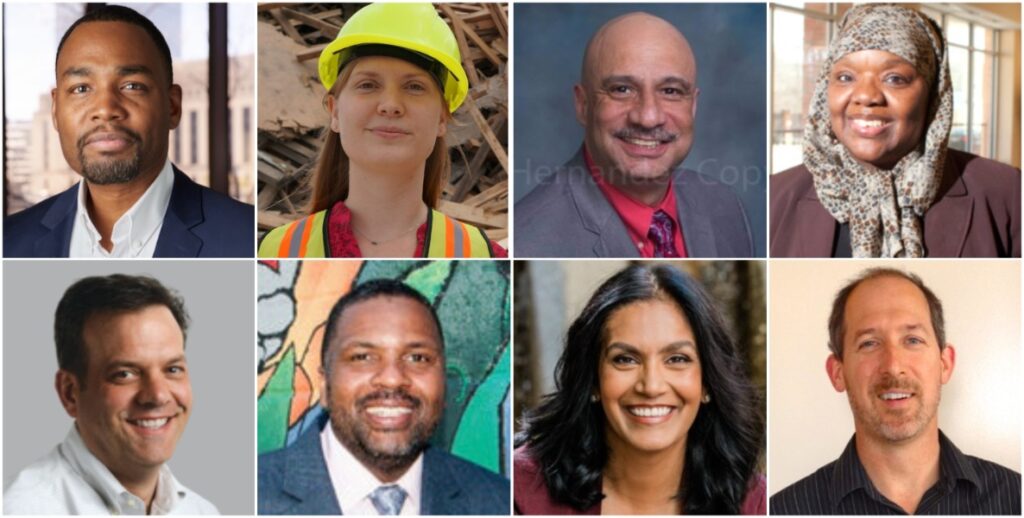 A grid of headshots of Mayor Parker's Clean and Green Cabinet in 2024 include, clockwise, from top left, Doug Oliver, Fern Gookin, Rolando Santos, Majeedah Rashid, Rick Sauer, Prema Katari Gupta, Jerome Shabazz and Bob Anderson.