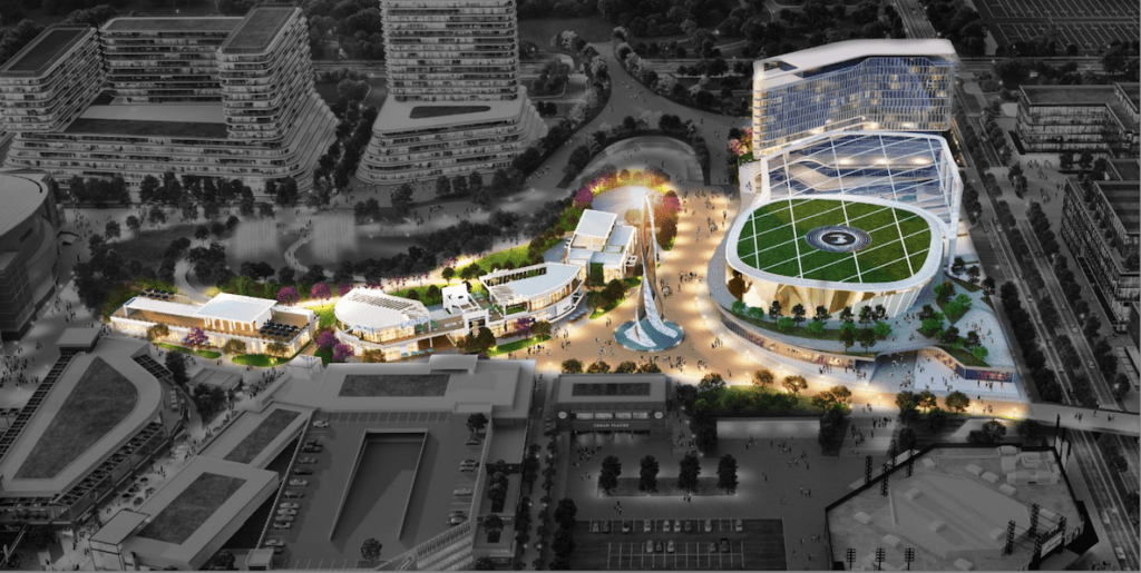 A rendering of a new sports complex in South Philadelphia turns two of the extant parking lots into a space for concerts, dining and other entertainment.