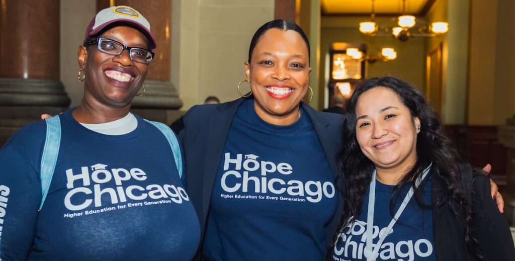 Hope Parent Scholar and Board Member Yolanda White, Hope Chicago CEO Dr. Janice K. Jackson, and Hope Parent Scholar Lara Romero. Courtesy of Hope Chicago.