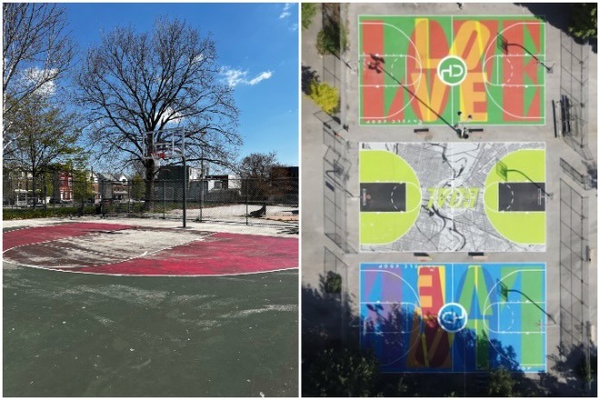 A before and after of a basketball court at 39th and Olive streets in Mantua, restored by Hoop Dreams.