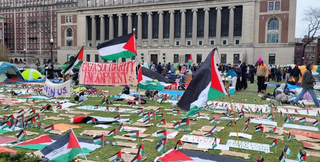 Scene of the reinstated Gaza Solidarity Encampment at Columbia University on its fourth day in April 2024. Photo courtesy of Wikimedia Commons.