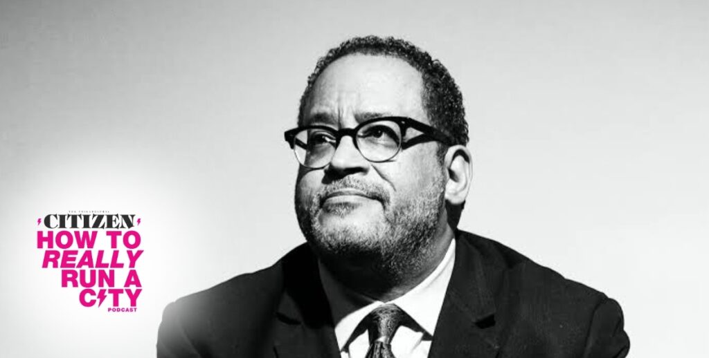 A black-and-white headshot of Dr. Michael Eric Dyson, a Black intellectual and professor wearing glasses and a suit jacket, shirt and tie.