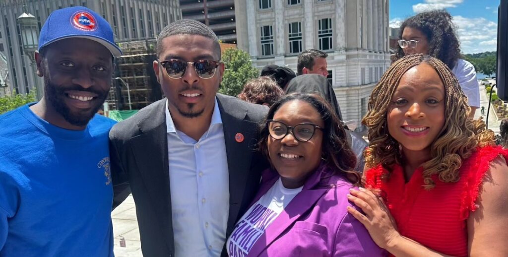 Philadelphia City Councilmembers in Harrisburg, from left to right: Isaiah Thomas, Nicolas O'Rourke, Kendra Brooks and Jaime Gauthier, there to protest school vouchers.