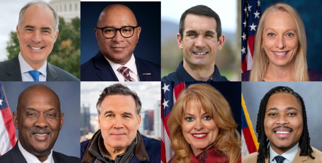 Clockwise, from top left, candidates in the 2024 election: U.S. Senator Bob Casey, Auditor General Tim DeFoor, Eugene DePasquale, U.S. Rep. Mary Gay Scanlon, Rep. Malcolm Kenyatta, Treasurer Stacy Garrity, David McCormick and Rep. Dwight Evans.