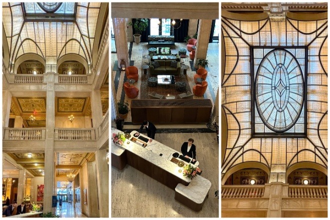 Three scenes from inside the Book Tower Building in Detroit show a ground floor with white columns and huge windows, a bird's eye view of a modern white desk, and a view of the ornate skylight.