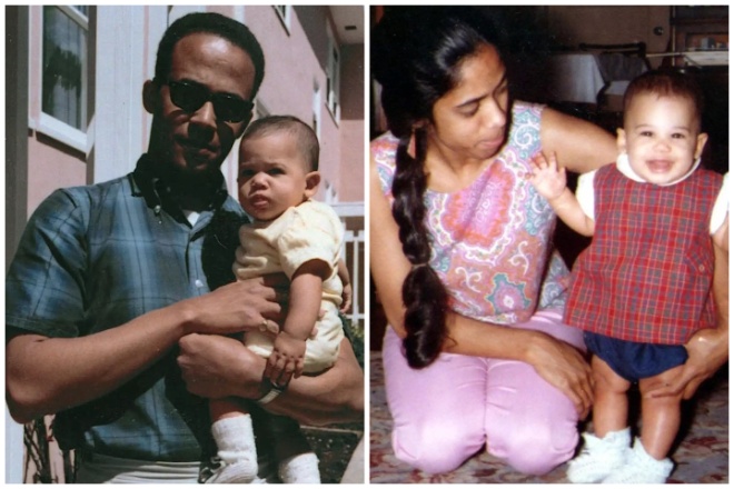 Kamala Harris as a baby with her father Donald Harris (left) and her mother Dr. Shymala Gopalan Harris (right).