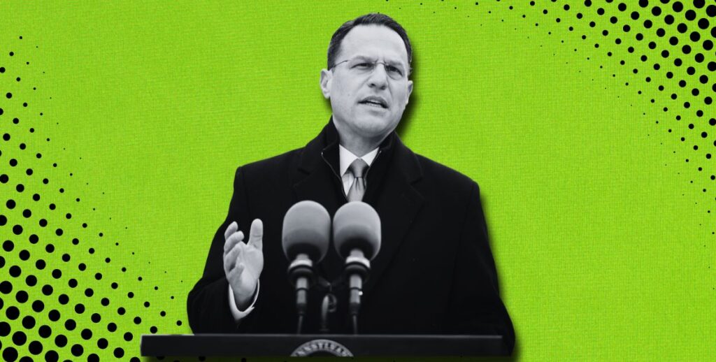 Black and white image of Pennsylvania Governor Josh Shapiro on a field of green