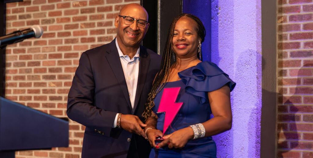 Former Philadelphia Mayor Michael Nutter (left) and Block Captain of the Year Michelle Belser. Photo by Germal Pleasant.