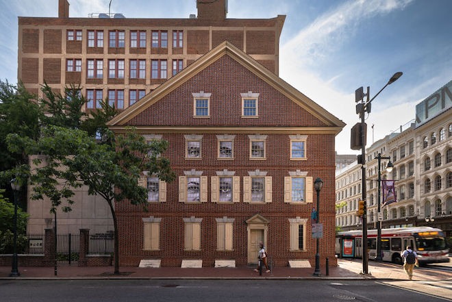 Sonya Clark's “The Descendants of Monticello,” a video installation of recordings of eyes of descendants of people Thomas Jefferson enslaved — installed at the brick replica Declaration House in Philadelphia where Jefferson wrote the Declaration of Independence, as viewed from the 7th Street side of the Declaration House at Independence National Historical Park.