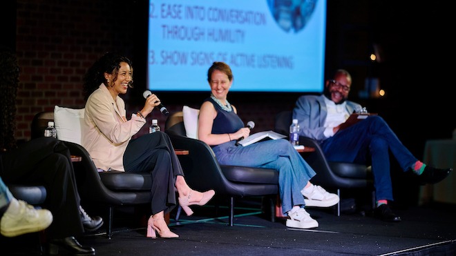 Members of Penn's Political Empathy Lab on stage. From left: Lynn Larabi, Dr. Lia Howard and WURD radio host James Peterson.