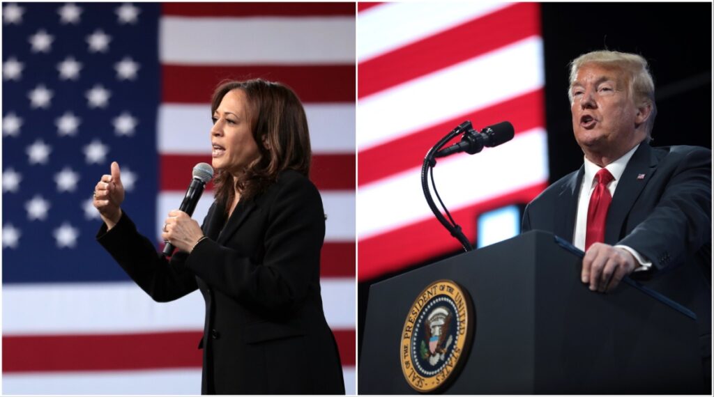 At left Vice President and presidential candidate Kamala Harris stands in a black suit holding a microphone with an American flag backdrop. At right, former President Donald Trump stands at a podium with the American flag to his right