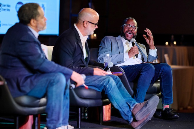 Left to right: Authors Michael Eric Dyson and Marc Favreau, with James Peterson.