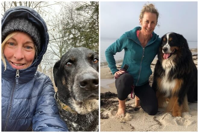 Side-by-side photos of Kate Coffin (left, a white woman with blonde hair wearing a blue jacket with the hood up, knitted cap, beside her senior dog in the rain), and Jenn Asplundh (a white woman with blonde hair in a bun, wearing a green hoodie and black stretch pants, halfway kneeling on the beach side her Bernese mountain dog (maybe), Tulah.