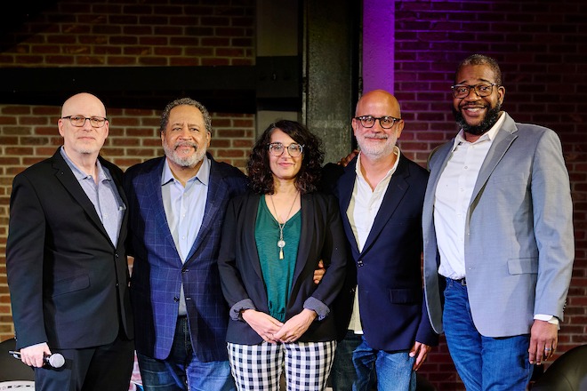 Left to right: Larry Platt, Michael Eric Dyson, Roxanne Patel Shepelavy, Marc Favreau and James Peterson.