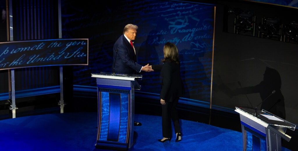 Vice President Kamala Harris and former President Donald Trump shake hands at the ABC News Presidential Debate” at the National Constitution Center in Philadelphia.