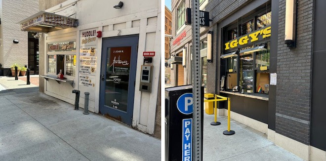 Two storefronts in Detroit that have walkup take out windows. On the left, an ice cream shop, on the right, an Iggy's. 