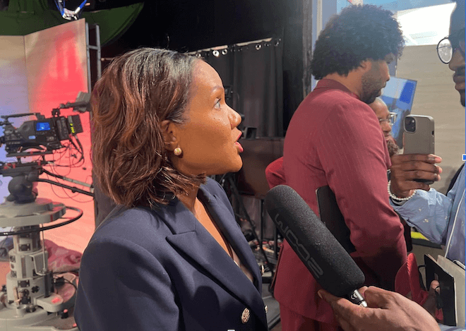 NPR's Tonya Mosley, after the interview. Behind her: Eugene Daniels of Politico. Photo by Deesarine Ballayan.