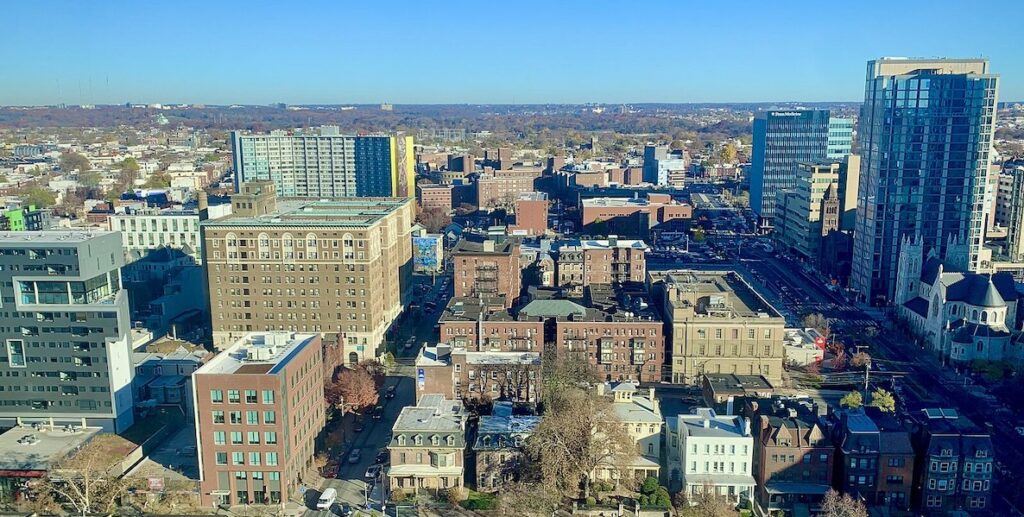 Aerial view on a clear day from the University of Pennsylvania westward past the edge of West Philadelphia.