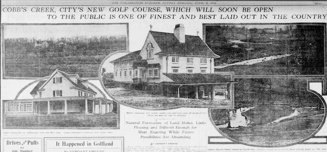 A clipping of a black and white article from The Philadelphia Inquirer announcing the original opening of Cobbs Creek golf course in 1916.