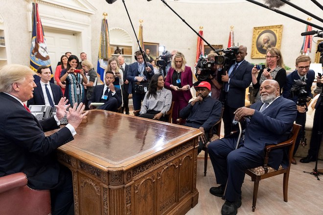 Donald Trump in the Oval Office with Kayne West and members of the press in 2018. Photo courtesy of the White House.