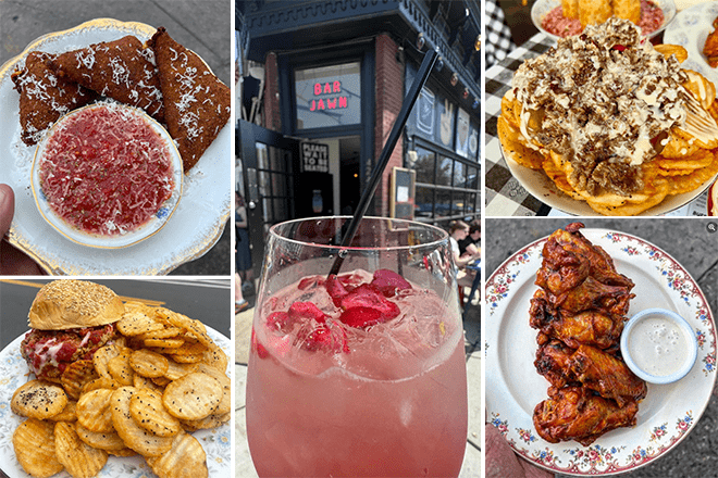 Mozzarella triangles with marinara sauce, seasonal spritz, cheesesteak cottage fries, chicken parm sandwich and Buffalo wings.