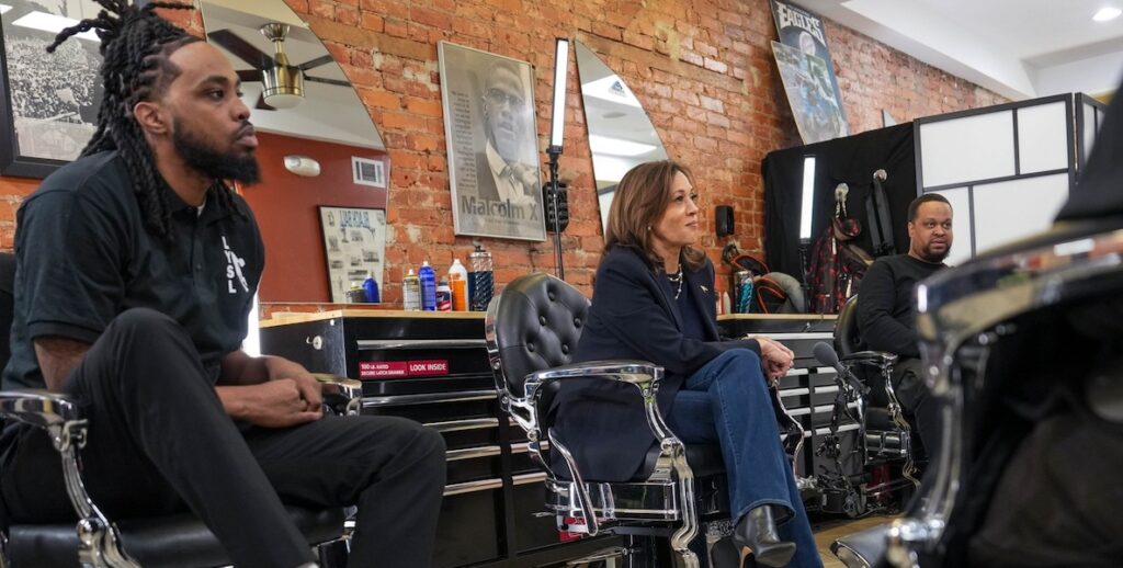 Vice President Kamala Harris at Philly Cuts Barbershop in West Philadelphia. Photo courtesy of the Harris-Walz campaign.