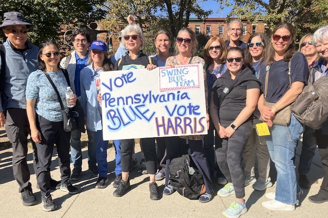 Pat Baker (center) and other campaigners for Harris-Walz, in South Philadelphia.