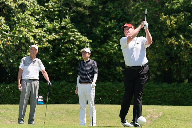 Donald J. Trump with Japanese Prime Minister Shinzo Abe and Hall of Fame professional golfer Isao Aoki at the Mobara Country Club in Chiba, Japan. Official White House Photo by Shealah Craighead.