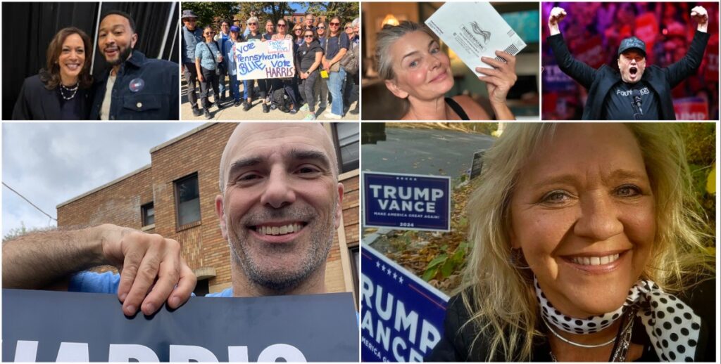 Celebrities and regular out-of-towners have come to Philadelphia to campaign for their preferred presidential ticket. Clockwise from top left: Vice President Kamala Harris and John Legend, Pat Baker and other South Philly campaigners for Harris-Walz, Paulina Porizkova, Elon Musk, Steffi Behrends and Khris Lewin.