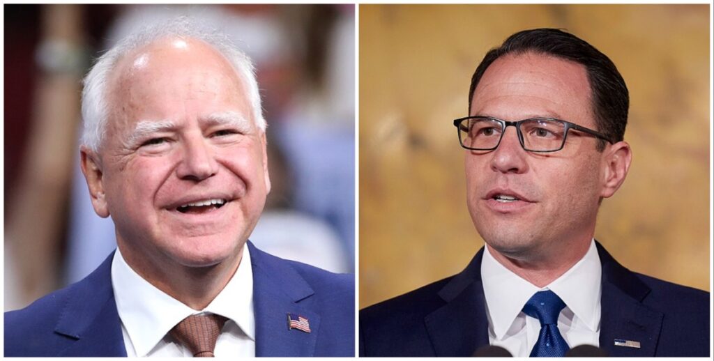 Side-by-side photos of the heads and chests of Minnesota Governor Tim Walz, a White man with thinning white hair and white eyebrows, pink skin, smiling, and wearing a blue suit jacket with an American flag lapel pin, white collared shirt and tie. Right: Pennsylvania Governor Josh Shapiro, a White man with short dark brown hair, black-frame glasses, wearing wearing a dark blue suit jacket with an American flag lapel pin, white collared shirt and tie.