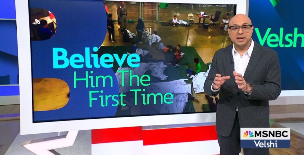 MSNBC host Ali Velshi, a bald man in a grey suit jacket, white shirt, and black framed glasses, stands beside a large monitor that reads "Believe him the firsi time" as he discusses child separation and "zero tolerance" immigration policy