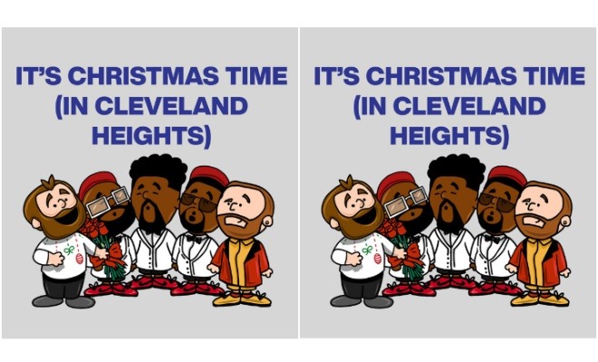 An illustration in the style of Charles Schultz's Peanuts comics depicts Jason Kelce, Boyz II Men and Travis Kelce singing beneath the words "IT'S CHRISTMAS TIME (IN CLEVELAND HEIGHTS)."