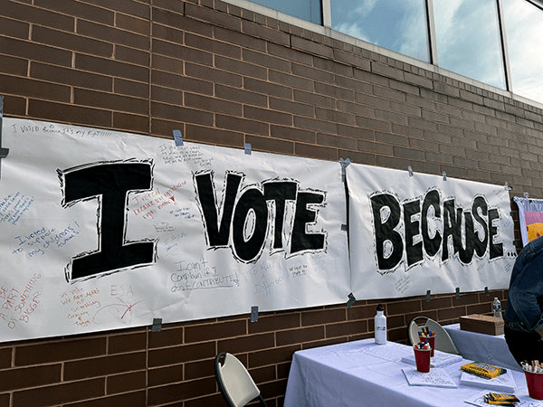 Comic book artist Ted Woods’ mural in front of West Philadelphia High School for Art-Making at the Polls.