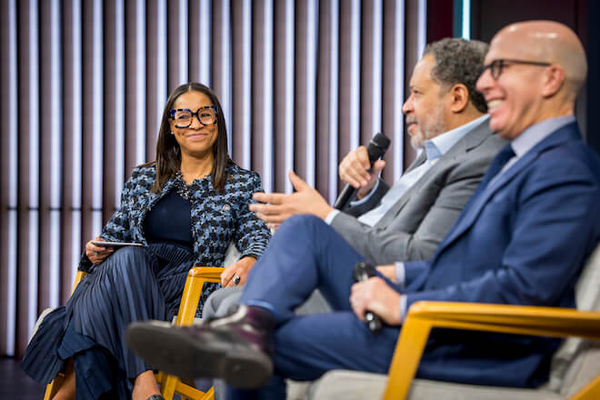 Left to right: Rutgers Law Professor Stacy Hawkins, author and professor Michael Eric Dyson and author Jonathan Eig.