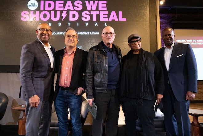 Left to right: Mayor Michael Nutter, filmmaker Joe Winston, Larry Platt, Keeanga-Yamahtta Taylor and Mayor Kasim Reed. 