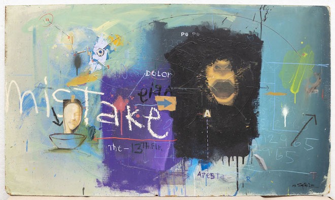 A Big Mistake. Spray paint, acrylic, oil stick, crayon, colored pencil, collage, drywall tape, matches, and thumbtack on masonite. A multi-color abstract with images of a mouth and a head and the word "mistake" by Spel.