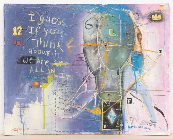 I guess if you think about it we are all in it. Acrylic, oil, oil stick, spray paint, marker, drywall tape, and sticker on paper mounted on panel. A work by Spel.