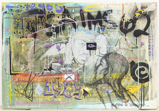 Mat. 10:26 + Psalm 62 (2nd Panel). Mixed media on found bed board. An abstract mixed media work by Spel, an incarcerated artist.