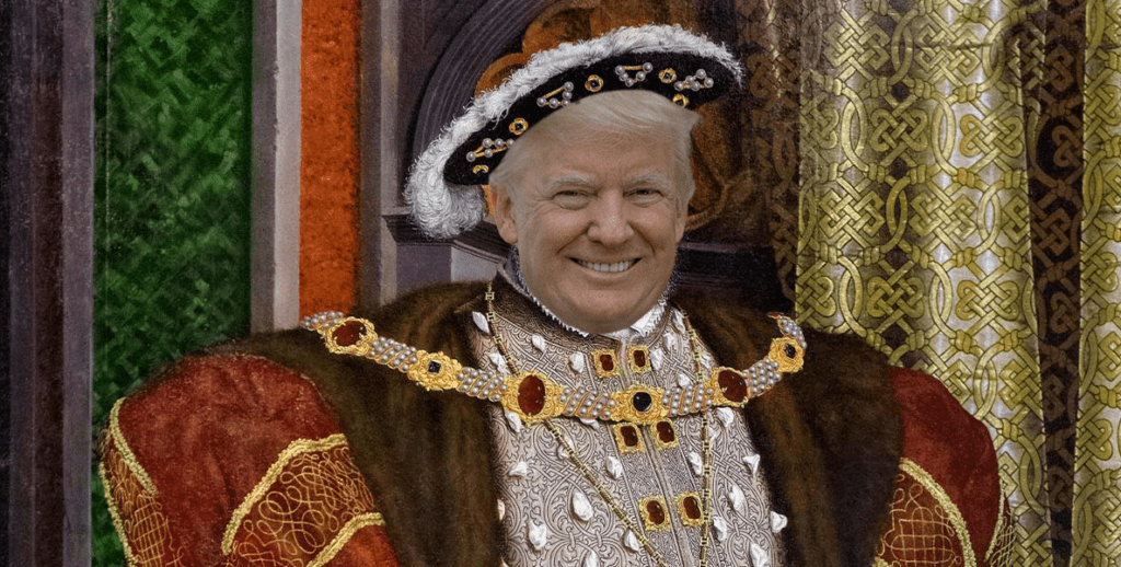 Donald Trump's face over the famous 16th-century painting of King Henry VIII of England, wearing a wide brimmed fur trimmed hat, large gold necklace with ruby accents, maroon coat adored with gold accents, silver tunic, white tights, and cream slippers.