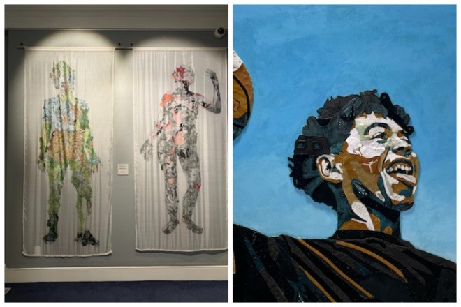 Side-by-side collages: "Lymphaticand Circulatory System" by Emily Erb (left) and "Hoop Dreams" by Justin Ruby.