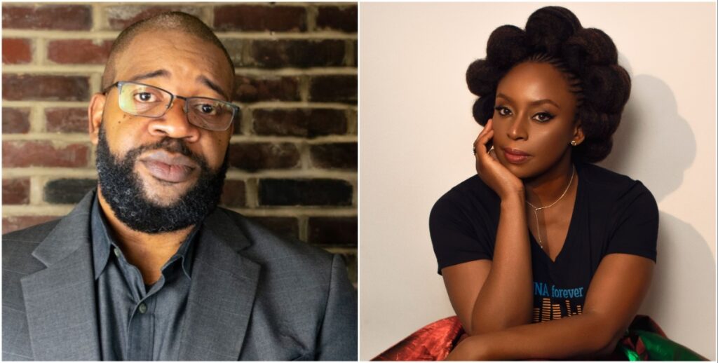 James Peterson, a Black man with an almost shaved head, glasses and a beard wears a jacket and shirt, both grey, side by side a photo of Chimamanda Ngozi Adichie, a Black woman with flower-shaped hair leaning on her hand, wearing a black v-neck t-shirt and colorful shirt and gold jewelry.