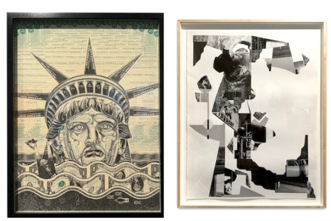 Side by side collages: "Liberty Adrift" by Mark Wagner (left) and "City at Night" by Mario Zoots.